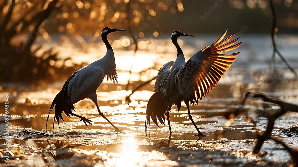 Obraz premium A pair of elegant cranes in a dance, their graceful movements synchronized as they glide across the water's surface