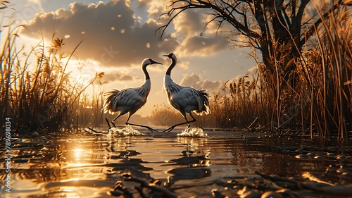 A pair of elegant cranes in a dance, their graceful movements synchronized as they glide across the water's surface photo
