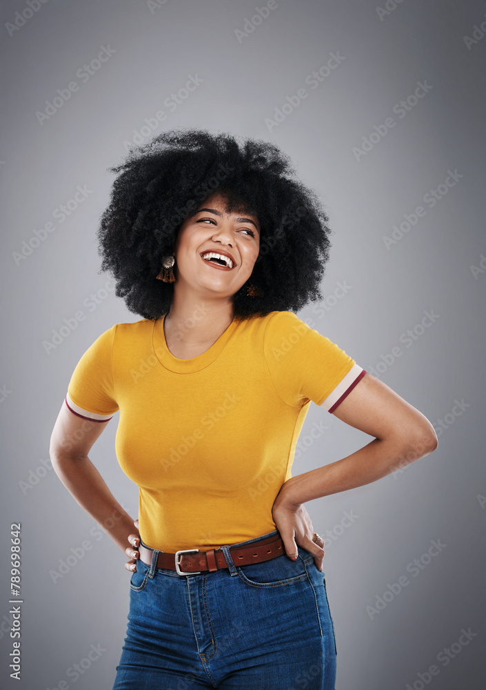 Woman, tshirt and smile of fashion, clothes and stylish with confidence of girl. Afro, happiness and female person in dark background, pride and hair for model, cool and trendy, cheerful and studio Woman, tshirt and smile of fashion, clothes and stylish with confidence of girl. Afro, happiness and female person in dark background, pride and hair for model, cool and trendy, cheerful and studio