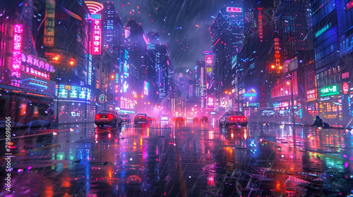 neon lighting futuristic cityscape after rain at night  © Taijidesign