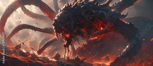A colossal, skeletal kraken rising from a churning sea of lava, its glowing red eyes fixated on its prey , close-up photo