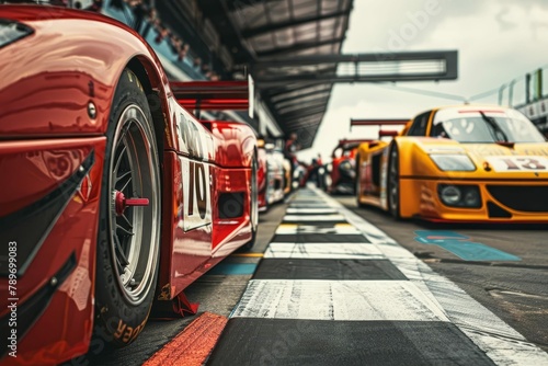 race cars lined up on pit lane dramatic motorsports racing scene photo