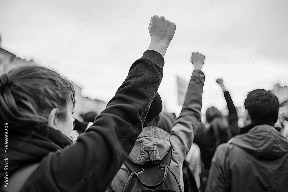 raised fist protest at rally young activists for social change black and white photo - obrazy, fototapety, plakaty 