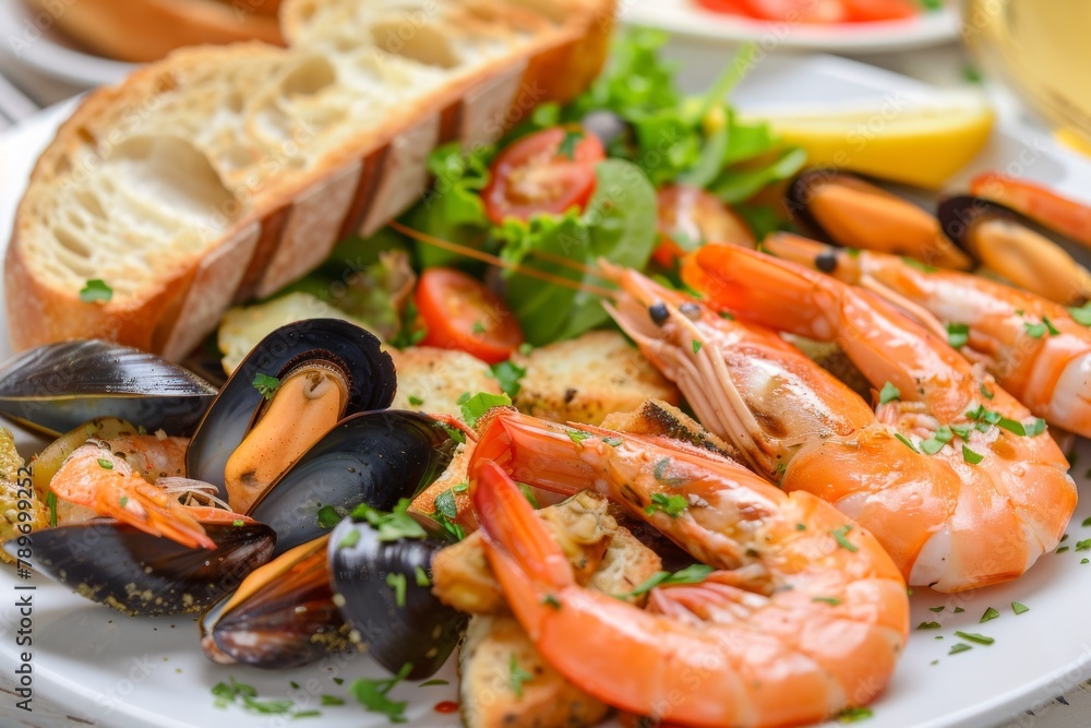 Seafood with Garlic Baguette, Toasted Bread, Cooked Prawns, Shrimps, Mussels and Salmon Fillet Seafood with Garlic Baguette, Toasted Bread, Cooked Prawns, Shrimps, Mussels and Salmon Fillet