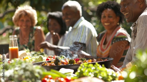 An ecoconscious neighborhood gathering for a picnic in a park with a biofuelpowered grill sizzling away as they enjoy a meal made from locally sourced produce. . photo