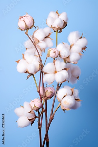 Close up photo of white cotton bolls on pastel blue background