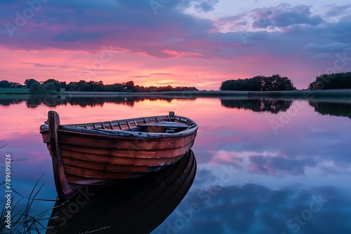 : An abandoned wooden boat on a tranquil lake at twilight, reflecting the pastel sky.
