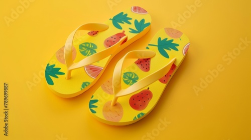 Blank mockup of flip flops with a playful fruit pattern on a bright yellow background .
