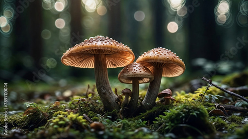 Fantasy enchanted fairy tale forest with magical Mushrooms. Beautiful macro shot of magic mushroom, fungus created with generative ai
