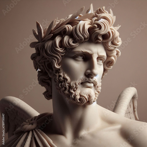 God Apollo bust sculpture. Ancient Greek god of Sun and Poetry Plaster copy of a marble statue isolated on black 