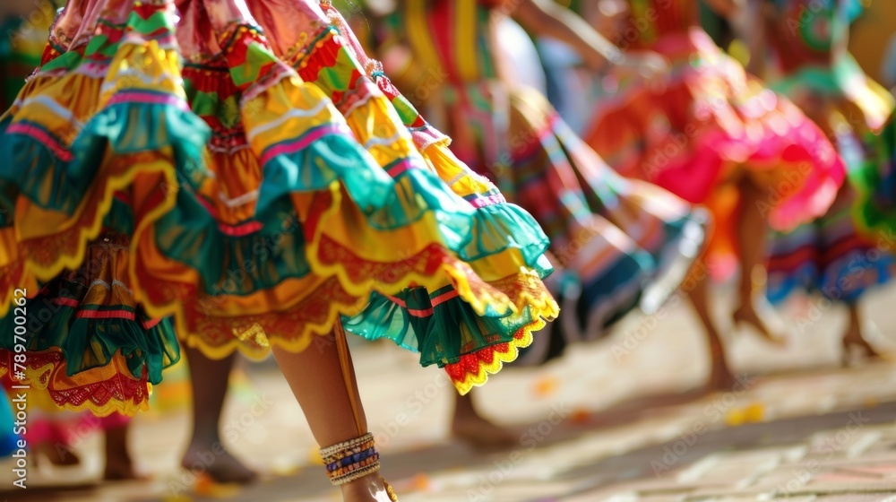 Closeup of the fluid movements of a group of dancers moving in unison their colorful costumes swaying with each step. The intricate hand gestures and synchronized footsteps depict .