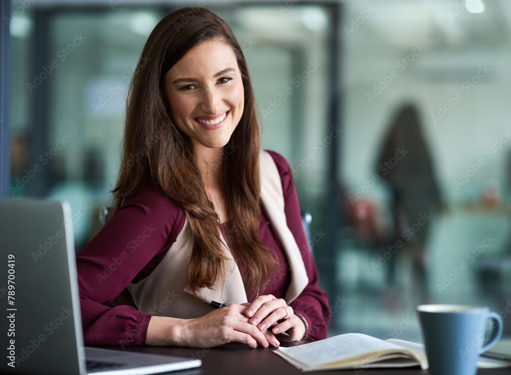 Fototapeta premium Businesswoman, office and laptop or paper with confidence for work, consulting with tech for report. Female consultant or computer or book in workplace for planning, feedback for employees or staff