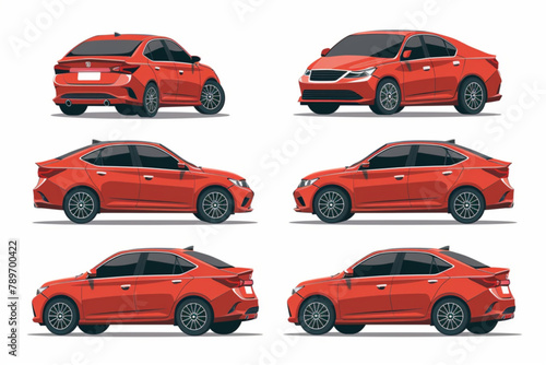 Set of different angles of a red car. City sport sedan view from the side, front, rear and in profile. Vehicle for your project vector icon, white background, black colour icon