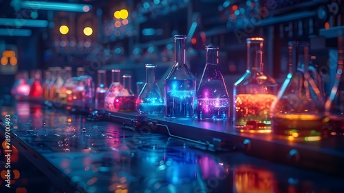 Futuristic Alchemy: Quantum Potions Amongst Neon Glow. Concept Futuristic, Alchemy, Quantum Potions, Neon Glow