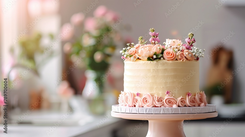 Beautifully decorated cake with floral accents on kitchen counter