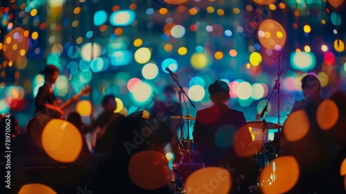 An outoffocus view of a bustling concert venue with silhouettes of musicians performing in front of a vibrant sea of lights and a blurred audience lost in the rhythm. .