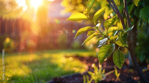 Young plant bathed in warm sunset light, focus on vibrant green leaves