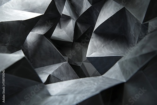: Black origami paper folded into complex, geometric shapes that interlock and stack. The shapes suggest hidden forms and intricate patterns.  © crescent