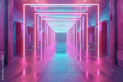 3d render, pink blue neon lines, illuminated empty room, virtual space, ultraviolet light, 80`s retro style, fashion show stage. 3d render of pink blue neon lines, illuminated empty room, virtual sp photo