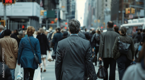 People, walking together in city with crowd, street and businesspeople commute in New York on sidewalk. Pedestrians, journey and travelling to job, rush hour and daily life with white collar workers