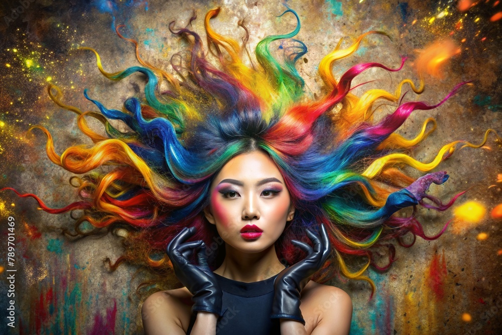 A creative banner for a beauty salon or barbershop. Fashionable professional hair coloring. A beautiful Asian woman with long multicolored hair. An explosion of colors on the head.