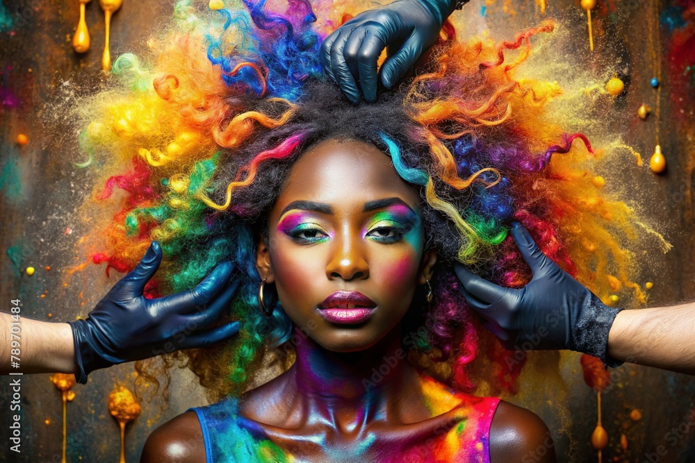 A creative banner for a beauty salon or barbershop. Fashionable professional hair coloring. A beautiful black African-American woman with long multicolored hair. An explosion of colors on the head.