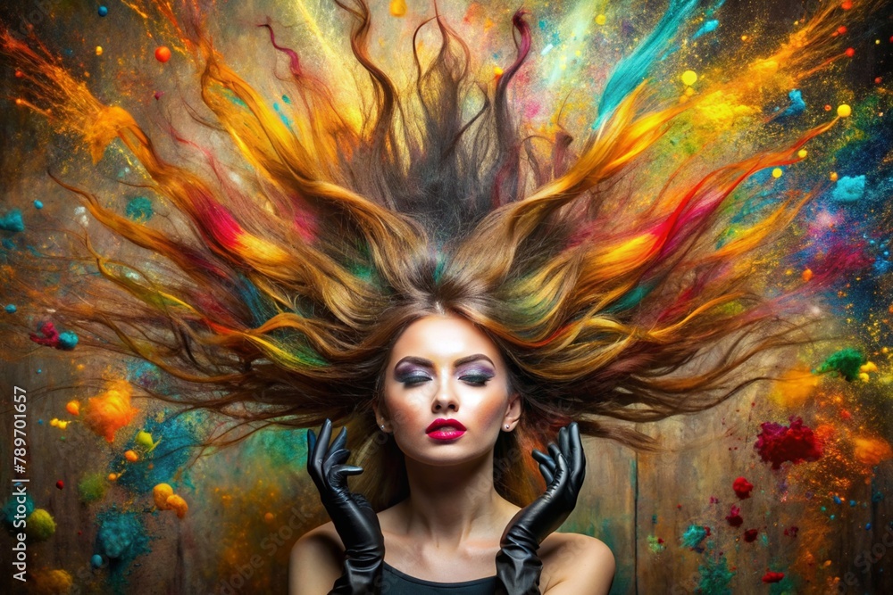 A creative banner for a beauty salon or barbershop. Fashionable professional hair coloring. A beautiful woman with long multicolored hair. An explosion of colors on the head.