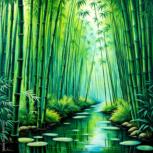 Bambo forest,natural nature,painting,beautiful,charming,landscape,river,forest,generative ai photo