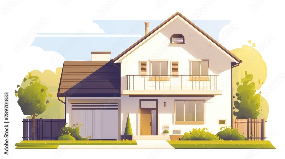 A charming illustration of a modern two story suburban house in a peaceful countryside village setting presented in a stylish flat 2d design against a clean white background