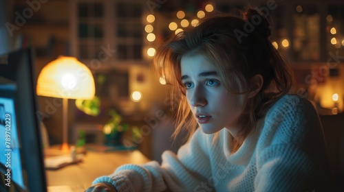 Young woman working on computer at home in the living room at night.