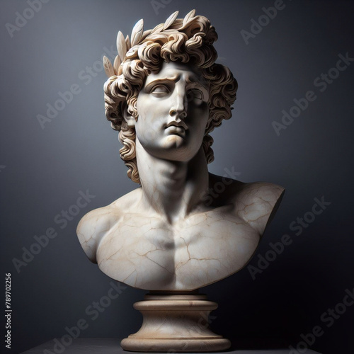 God Apollo bust sculpture. Ancient Greek god of Sun and Poetry Plaster copy of a marble statue isolated on black.