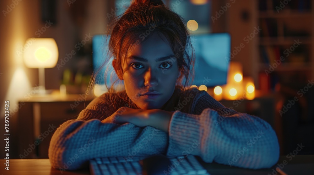Young woman working on computer at home in the living room at night. Young woman working on computer at home in the living room at night.