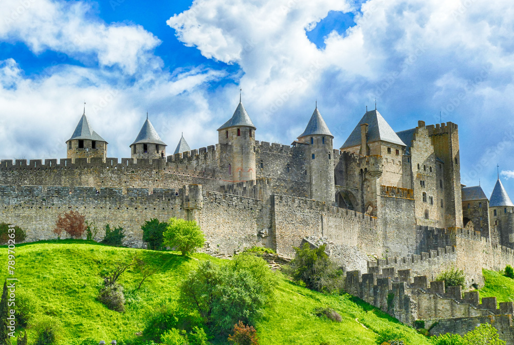 Exterior view of the fortress and citadel walls and towers o of medieval Carcassonne