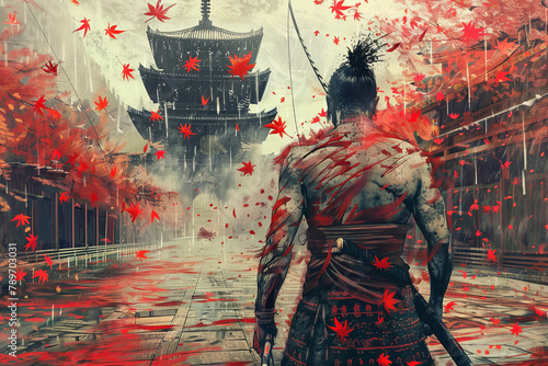 Lone Samurai Warrior Amidst Falling Leaves with Ancient Pagoda