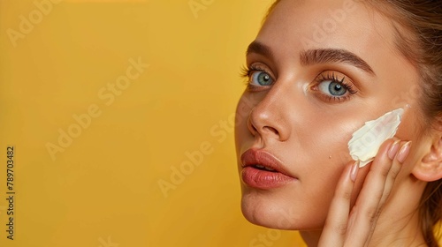 Beautiful young woman with sun protection cream on her face against orange background, closeup. Space for text