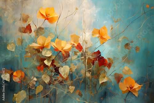 : Abstract oil composition with flowers, leaves, and golden textures - ideal for fine art prints