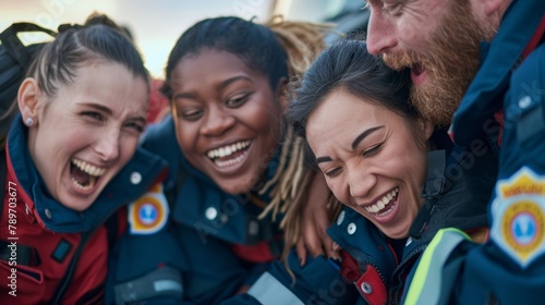 A group portrait of paramedics huddled together each with a different expression on their face. Some are laughing and joking others are deep in thought and a few have a tired but determined .