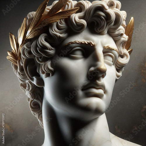 God Apollo bust sculpture. Ancient Greek god of Sun and Poetry Plaster copy of a marble statue isolated on black.