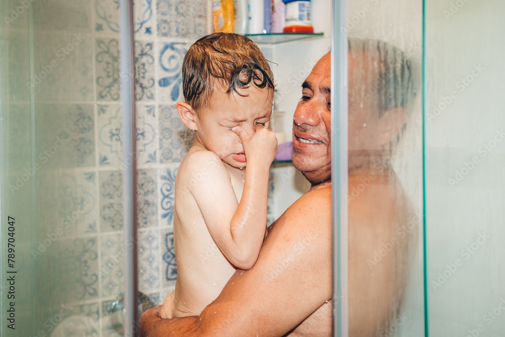 Father and Son Taking a Shower