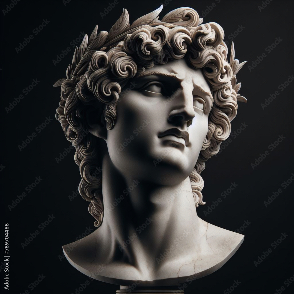 God Apollo bust sculpture. Ancient Greek god of Sun and Poetry Plaster copy of a marble statue isolated on black. God Apollo bust sculpture. Ancient Greek god of Sun and Poetry Plaster copy of a marble statue isolated on black.
