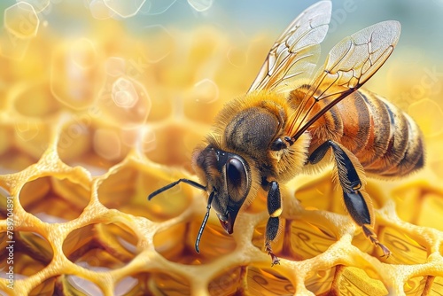 realistic honeybee on golden honeycomb detailed ai art