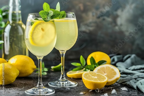 refreshing homemade limoncello spritz cocktail with sparkling wine and lemon garnish photo