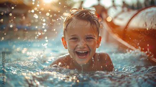 Portrait of a happy boy in the water park. Happy young man swimming on a water slide. © Katsiaryna