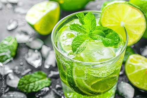 refreshing mojito cocktail with lime mint and ice closeup photo