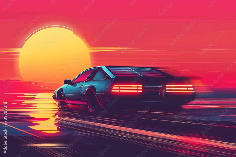 retro 80s style car driving into sunset vintage illustration
