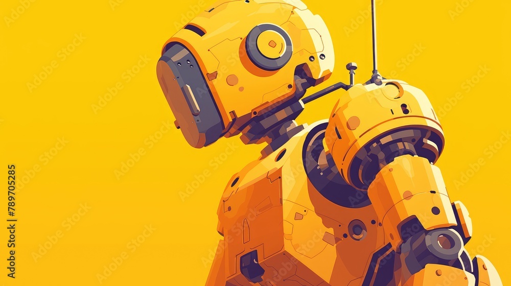 A charming robot is set against a vibrant yellow backdrop showcasing a sleek design with a flat shadowy theme