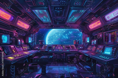 retrofuturistic space station interior with neon lighting pixel art diorama aigenerated illustration photo