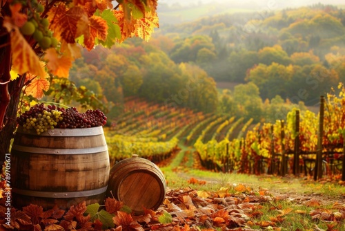 Plantfilled barrel sits among vines in the picturesque vineyard landscape