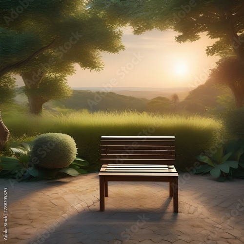 A peaceful garden with a wooden bench and a view of the sunset1 photo