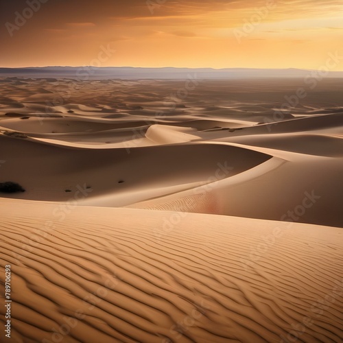 A vast desert landscape with towering sand dunes and a clear  sunny sky4